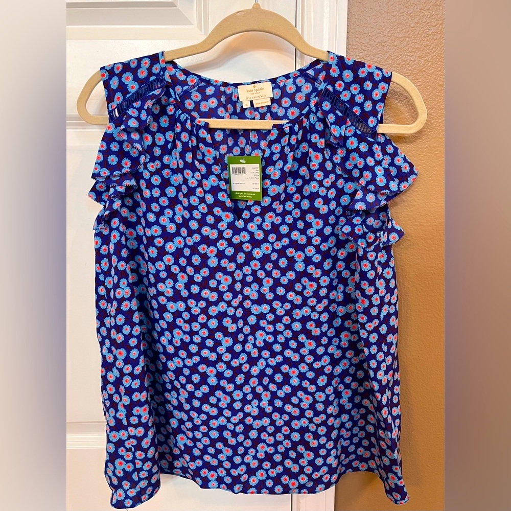 Kate Spade sleeveless silk blouse, S. Blue patterned, ruffles, NWT